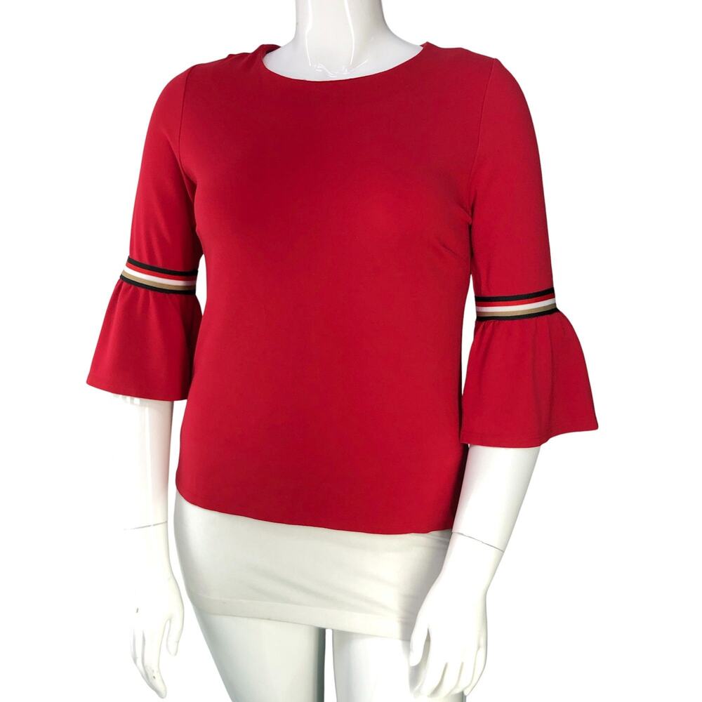 Jude Connally Top Womens M Red Bell Sleeve Striped Band Crewneck Ruffle Stretch